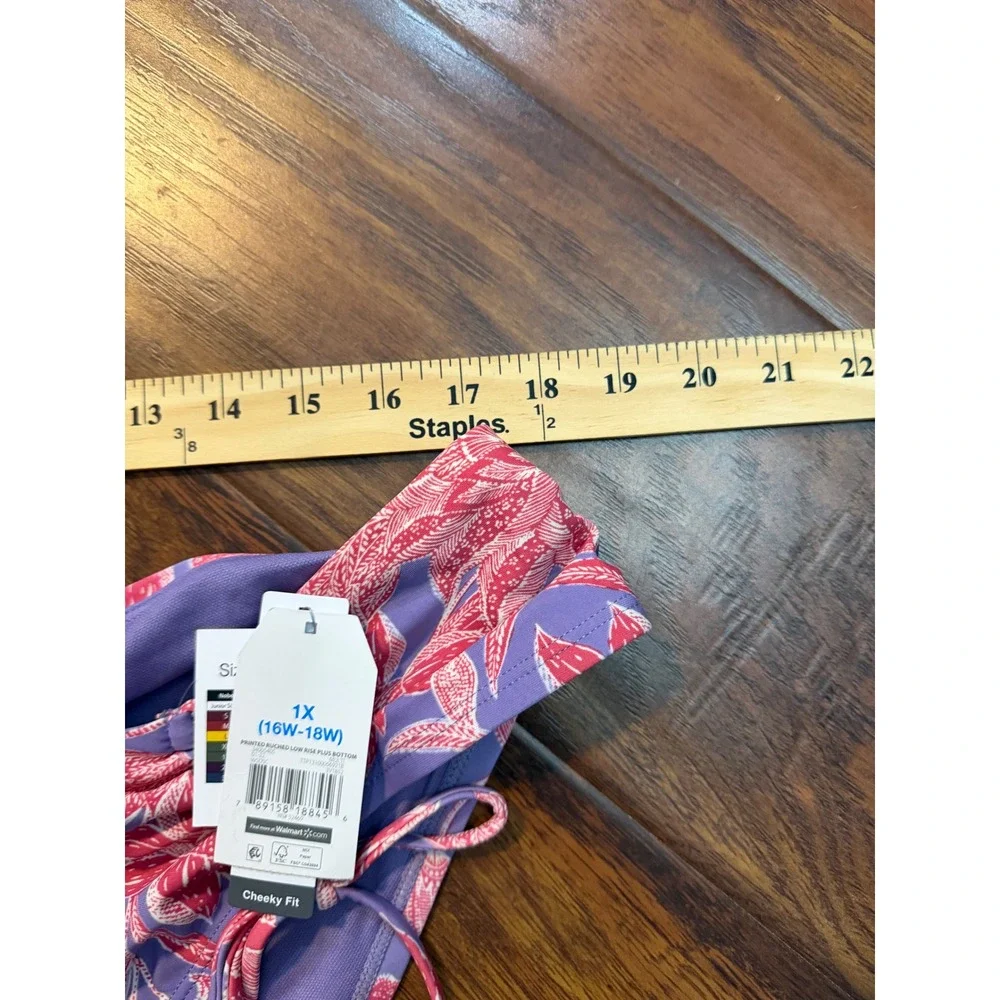 Time and Tru Bikini Bottom Women 1X Purple Floral NWT Ruched Low Rise Cheeky Fit